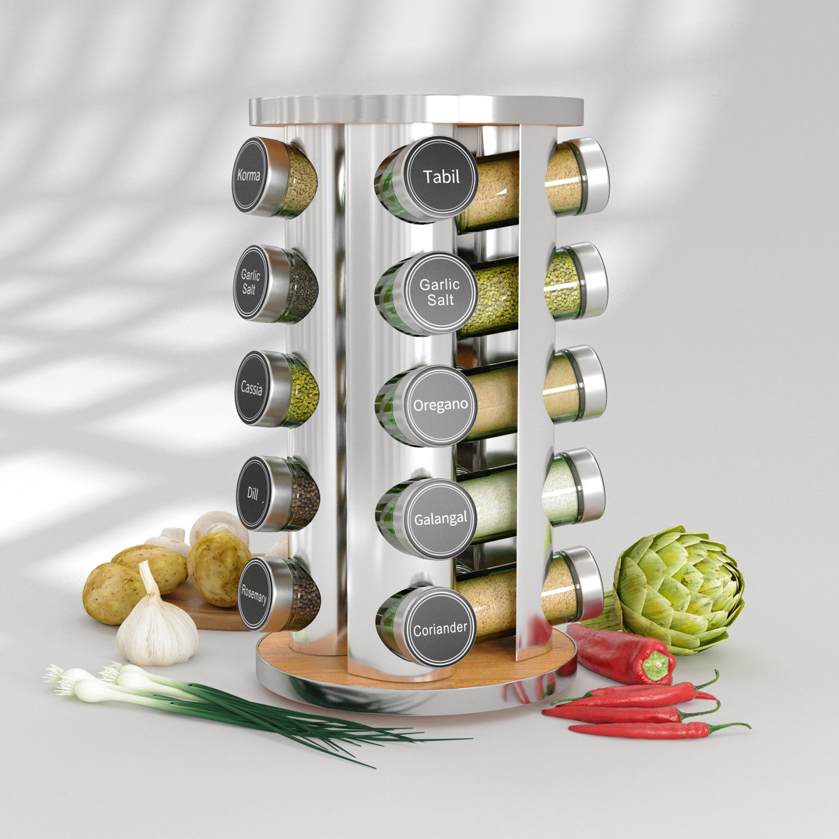 Revolving Spice Rack with 20 Jars and 386 Labels, Countertop and Cabinet Spice Tower Organizer